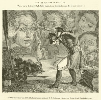 Gulliver utsatt på et bord til beundring fra innbyggerne i Brobdingnag (gravering) av French School