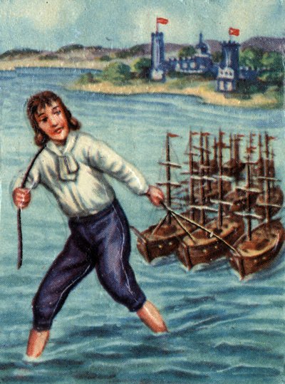 Gulliver fires enemy ships towards Lilliput Harbour. Illustration for the story “” Gulliver