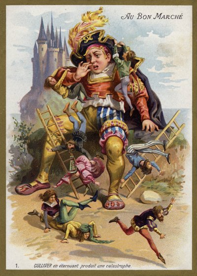 Gulliver nyser og forårsaker en katastrofe (chromolitho) av French School