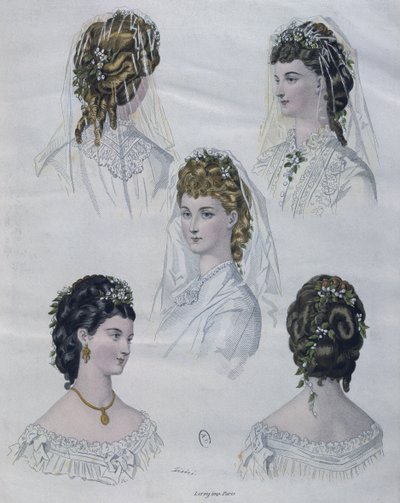 Frisyrer, illustrasjon fra La Mode illustree, 1872 (fargegravering) av French School