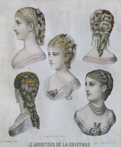 Frisyrer, illustrasjon fra Le Moniteur de la Coiffure, 10. desember 1879 (fargegravering) av French School