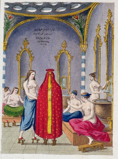 Hammam i Tyrkia, illustrert tallerken fra Moeurs, usages et costumes des ottomans av A. Castellan, Paris, ca. 1810 av French School