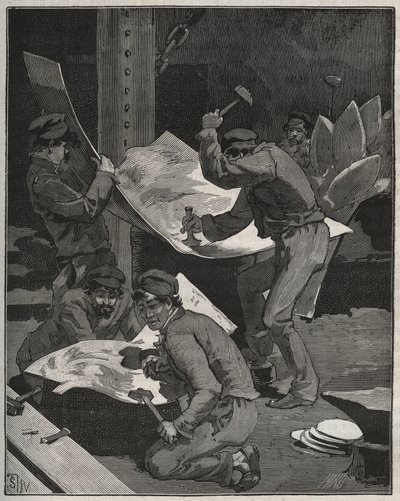 Hamring og montering av deler av Frihetsgudinnen laget av Frederic Auguste Bartholdi (1834-1905). Gravering fra 1880 i "" Les arts et metiers illustres"" av Adolphe BITARD. av French School