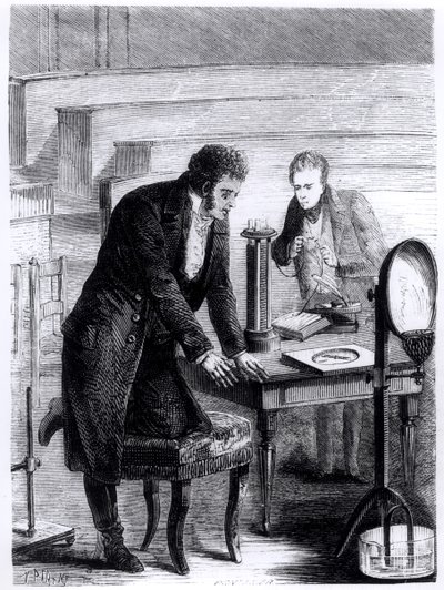 Hans Christian Oersted (1777-1851) oppdaget avviket til den magnetiske nålen ved lukket strøm i 1820, fra Les Merveilles de la Science av Louis Figuier (1819-94), 1867 av French School