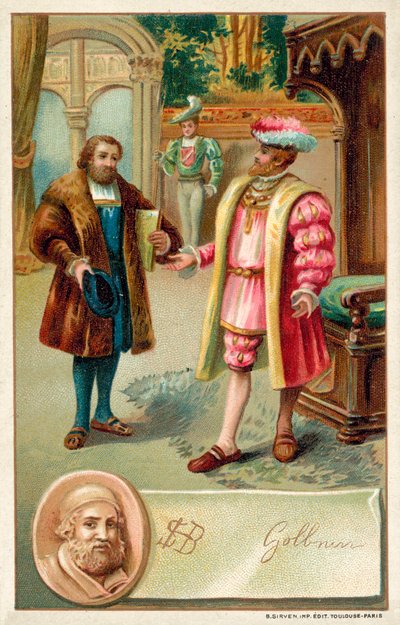 Hans Holbein med kong Henry VIII (chromolitho) av French School