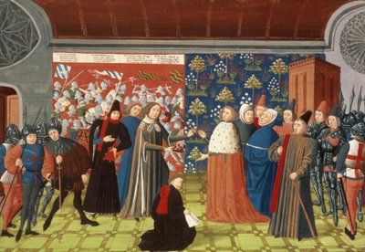 Harl.4380 f.184v Richard II gir kronen til jarlen av Derby, fra Froissarts Chronicle, Vol IV (vellum) av French School