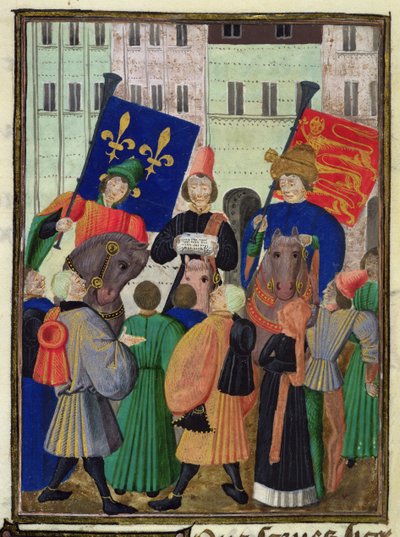 Harl 4379 f.182v Kunngjøring av våpenhvile mellom England og Frankrike av French School