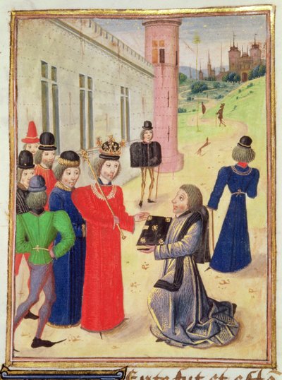 Harl 4380 f.233v Froissart presenterer boken sin til Richard II, fra Froissarts Chronicle, Vol IV (vellum) av French School