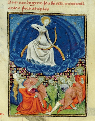 Harl 4431 f.101 Diana og hennes tilhengere, galninger (Månetilbedere), parisisk kopi, ca. 1410-15 av French School