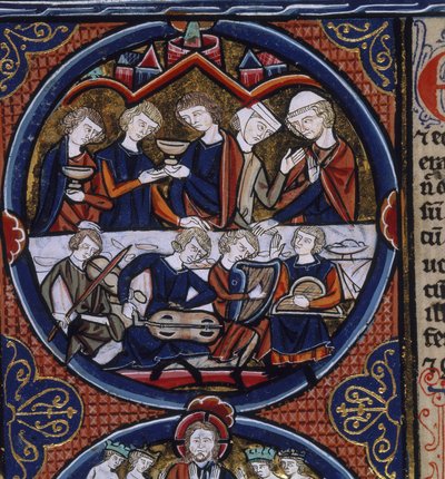 Harley 1527 fol.36v Bankett med musikere, fra 