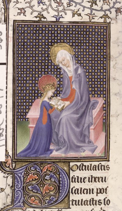 Harley 2897, f.340v: St. Anne underviser jomfruen, skrevet og opplyst i Paris (vellum) av French School