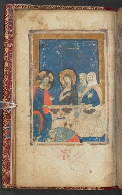 Harley 2928, f.16v, Måltidet hos fariseeren Simon (vellum) av French School