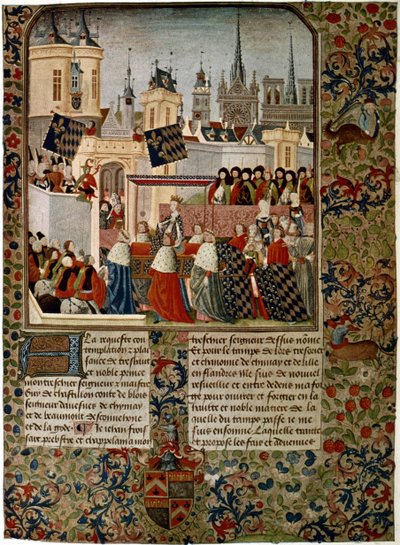 Harley 4379 f.3 Dronning Isabella, fremmedgjorte konsort av Edward II (1284-1327) inn i Paris i 1325, henrettet av Jean Froissart (ca. 1333-c. 1404) for historikeren Philippe de Comines (1445-1509) ( vellum) av French School