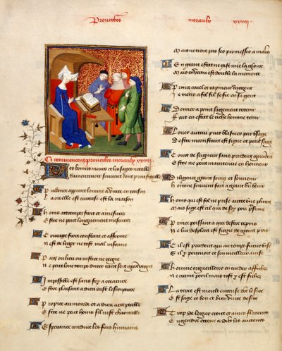 Harley 4431 volume II, f.259v Miniature of a woman reading moral proverbs at the beginning of the 