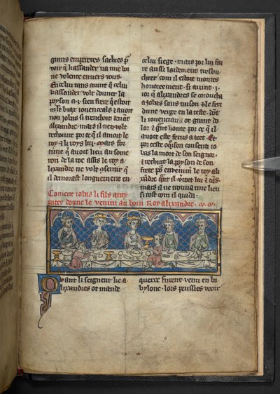 Harley 4979, f.78 Alexander mottok gift fra Jobas under en fest. , fra 'Roman d'Alexandre in prosa' c.1290-c.1300 (vellum) av French School