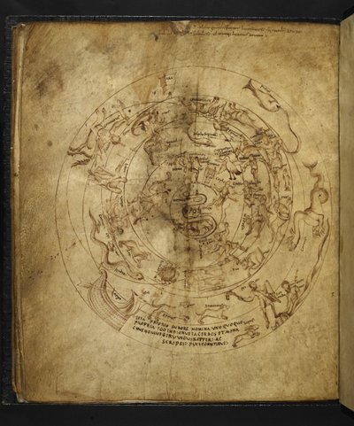 Harley 647 f.21v Diagram over den nordlige og sørlige halvkule, fra 'Aratus' av Marcus Tullius Cicero (vellum) . av French School