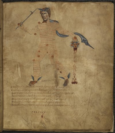 Harley 647, f.4 Illustrasjon av Perseus, en helt fra gresk mytologi, med hodet til den slangehårede Medusa, med tekst eller scholia innenfor figuren av stjernebildet, fra 