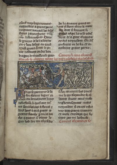 Harley MS 4979 f.72r Alexander som bekjemper menn med hestehoder, fra 
