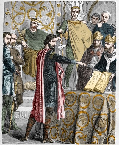 Harold II (1020-1066) kronet siste angelsaksiske konge i 1064, sverget på de hellige relikviene før Vilhelm I Erobreren for å støtte sin sak på tronen i England ved døden til skriftefaderen Edward. av French School