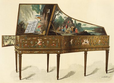 Cembalo dekorert med grotesker, illustrasjon fra Dictionary of Furniture and Decoration, av Henry Havard, bind I av French School