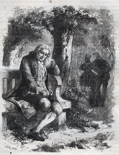Han hørte hviskingen av et kyss.» Den sveitsiske filosofen Jean Jacques (Jean-Jacques) Rousseau (1712-1778) overrasker sin følgesvenn Marie-Therese (Marie Therese) Le Vasseur (Levasseur) (1721-1801) i fullt utroskap. Gravering fra 1871 i «Histoire Des Cocu av French School