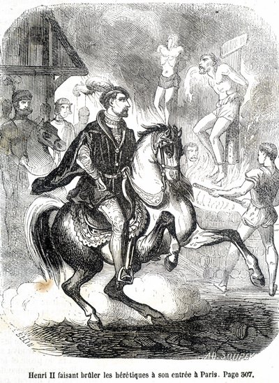 Henri II (1519 - 1559) fikk kjettere til å brenne ved inngangen til Paris - i "Histoire de France" av L.-P. Anquetil av French School