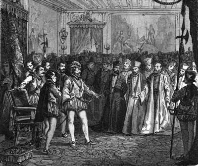 Henri IV before the assembly of notables in Rouen. In “” Histoire Populaire de la France””, sd. circa 1885. Engraving. av French School