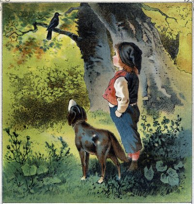 Henri observerer en svarttrost på en gren i skogen, og vender tilbake til livet sitt hvis han var en fugl. Kromolitografi fra "" Childhood Scenes"" utg. Guerin - Muller rundt 1885. av French School
