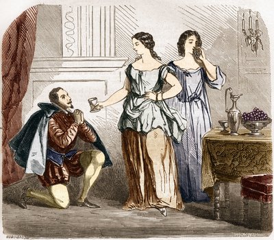 Henry IV (1553-1610), konge av Frankrike som ble betjent av halvnakne kvinner. Gravering i "Prostitusjonens og utskeielsens historie blant alle verdens folkeslag fra antikken til i dag" av Dr. Th. -F. Debray. 1879. av French School