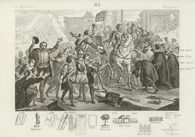 Henry IV av Frankrike kommer inn i Paris akkompagnert av Comte de Brissac, guvernør i byen, 22. mars 1594 av French School