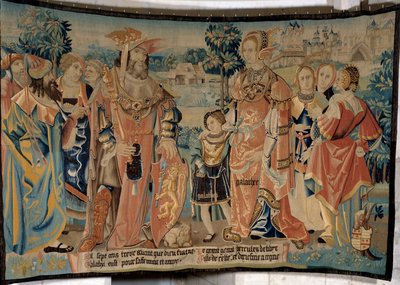 Hercules of Libya med sin kone Galathee og hans sønn Galathes omringet av deres hoffmenn foran byen Alexia i 1713 f.Kr. Tapetet av "The fabulous history of the Gaules"" laget av verkstedet til Arras. 1530 Beauvais, avdelingsmuseum for th av French School