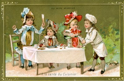 Heres to the Cook!, kampanjekort Bon Marché Department Store, ca. 1890 av French School