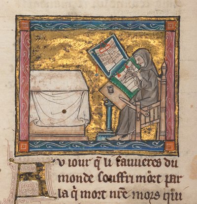 Eremitt som skriver ved et skrivebord, miniatyr fra "Estoire del Saint Graal, La Queste del Saint Graal, Morte Artu", ca. 1315-25 (blekk på pergament) av French School