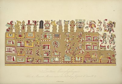 Hieroglyfiske malerier fra meksikansk manuskript II, bevart på Imperial Library of Vienna, illustrasjon fra Views of the Cordilleras and Monuments of the Indigenous Peoples of America av Alexander von H av French School