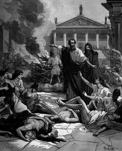 Hippokrates (på gresk Hippokrates) Gresk lege (460 til 380 f.Kr.) ankommer Athen decima pesten ved å tenne store bål. av French School