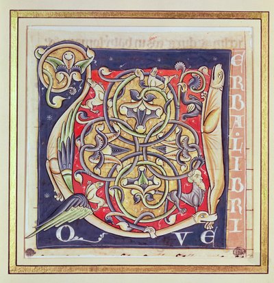 Historikert initial U som viser et sammenflettet mønster og fantastiske dyr, fra Bibelen til Saint-Andre aux-Bois av French School