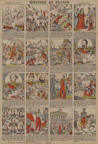 Frankrikes historie fra Louis-Philippes tronbestigelse til revolusjonen i 1848 (fargelitografi) av French School