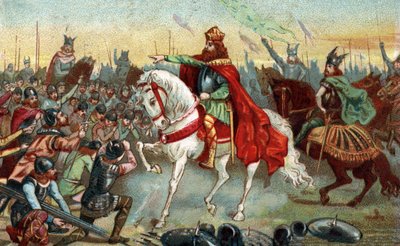 Gallias historie i middelalderen: Tyske saksere som kneler foran kong Karl den Store (742 - 814) som vant krigene. Kromolitografi fra slutten av 1800-tallet. av French School