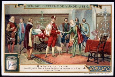 Glasshistorie: Henry III (1551-1589) Kongen av Frankrike gir adelsbrev til mesterglassmesterne i Venezia. Sent på 1800-tallet liebig kromolitografi. av French School