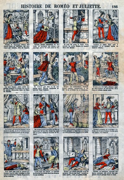 Romeo og Julies historie etter William Shakespeares skuespill (1564-1616). Epinal avbildning fra slutten av 1800-tallet. av French School