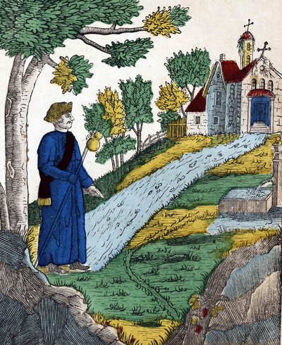 Historien om de fire sønnene Aymon; Maugis, etter å ha gjort Charlemagne til fange, dro til en eremitage for å gjøre bot der, et bilde av en spinal fra 1800-tallet. av French School