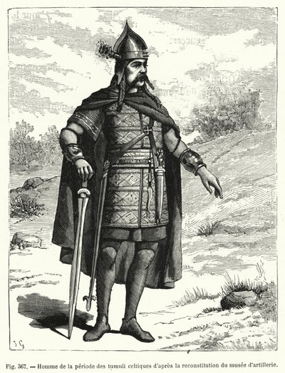 Mann fra perioden med den keltiske tumuli i henhold til rekonstitusjonen av artillerimuseet (gravering) av French School