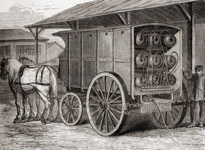 Hestetrukket kjøretøy brukt til å transportere komprimert gass i bærbare beholdere på 1800-tallet, fra Les Merveilles de la Science, publisert ca. 1870 (gravering) av French School