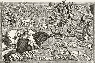 Hvordan Alexander kjempet mot dragene og en dyreart kalt Scorpion, fra "Vitenskap og litteratur i middelalderen" av Paul Lacroix (1806-84) publisert London 1878 av French School