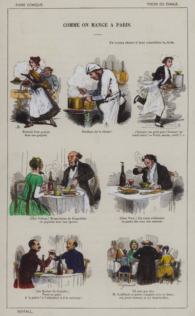 Hvordan man spiser i Paris (farge litho) av French School