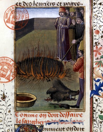Hvordan avskjære en villsvin - i "" Hunting Book of Gaston Phoebus, Count of Foix, Lord of Bearn"" av French School