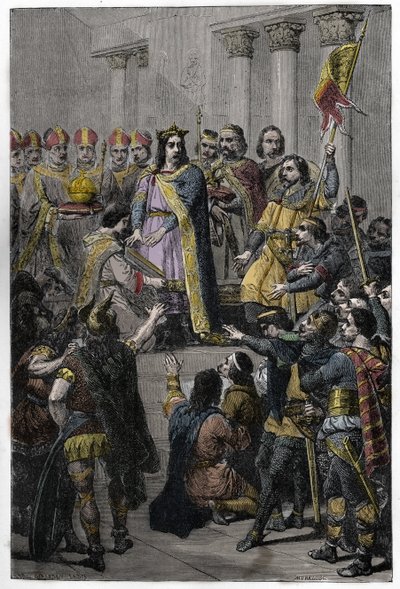 Hugh Capet elected King - Coronation of Hugues Capet (ca. 941-996), King of France, July 3, 987 at Noyon, by Adalberon (ca. 925-990), archeveque of Reims. av French School
