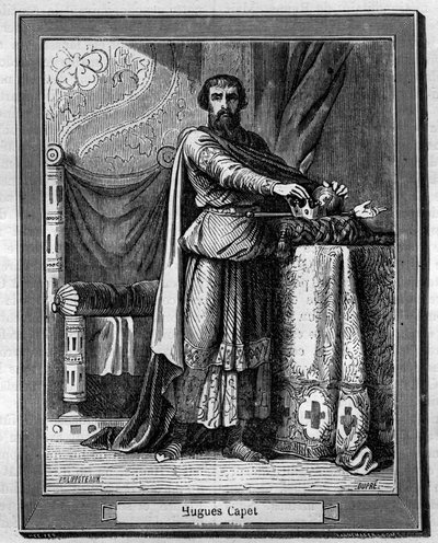 Hugues Capet (940-996) frankernes konge (nederst) Gravering i "History of pave-konger-dronninger-og-keisere gjennom århundrene"" av Maurice Lachatre av French School