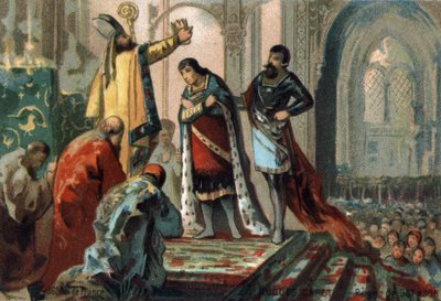 Hugues Capet, king of France from 987 to 996, made his son, the future Robert II the Pious (972 - 1031), sacred by Adalberon (circa 925-990), archeveque of Reims, to the Cathedrale d