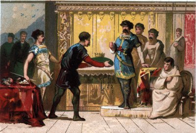 Hugues the Great (897-956) crowns Raoul or Rodolphe of Burgundy (circa 890 - 936), Duke of Burgundy and King of France. Chromolitography of the late 19th century. av French School